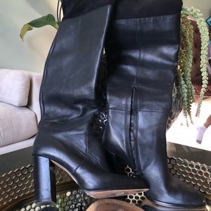 FRENCH CONNECTION BLACK OVER THE KNEE LEATHER BOOTS(Suede Knee Back Tie-Up (10)